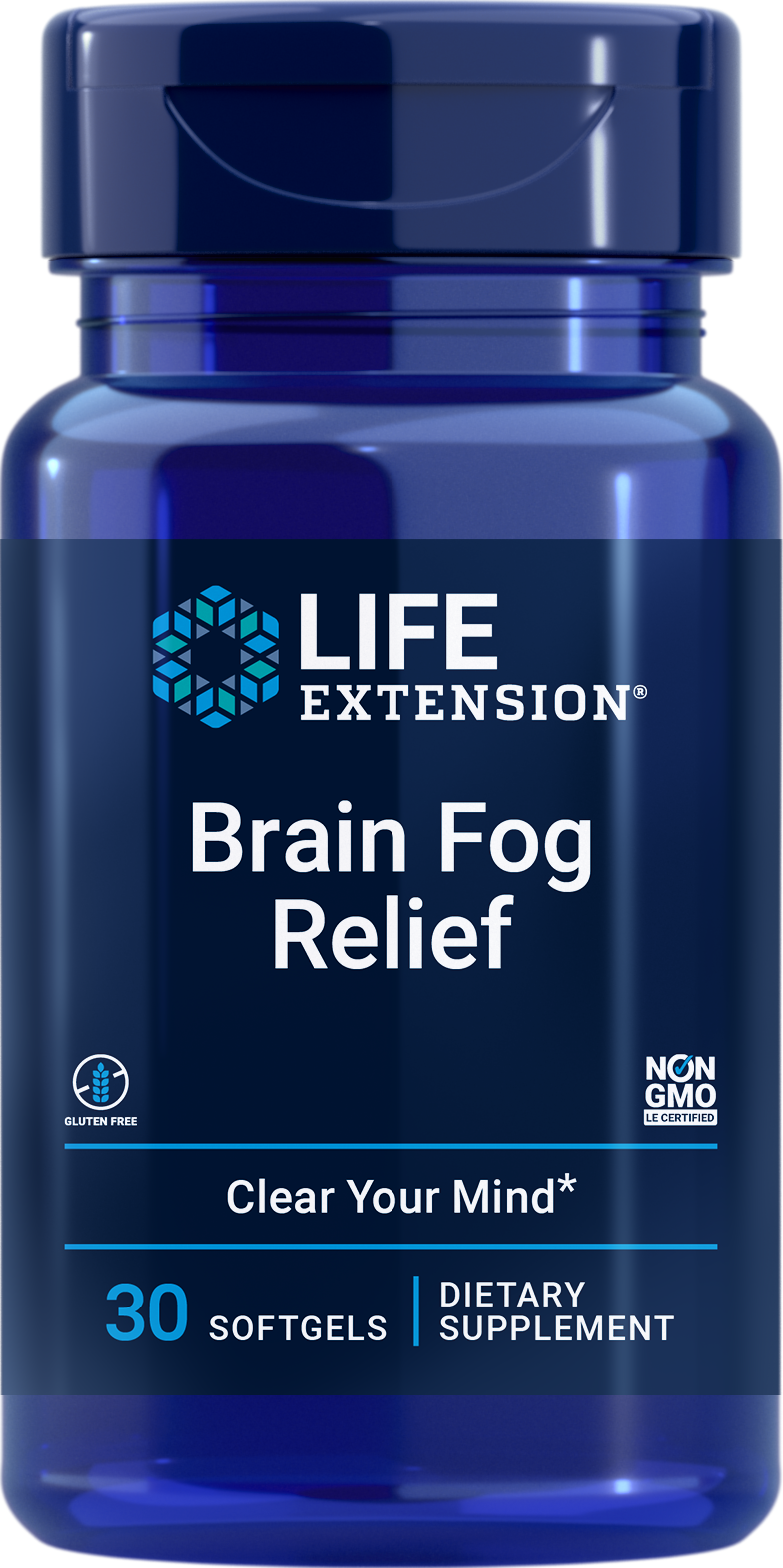 Life Extension Brain Fog Relief, 30 softgels to boost cognitive performance and restore mental clarity and attention.